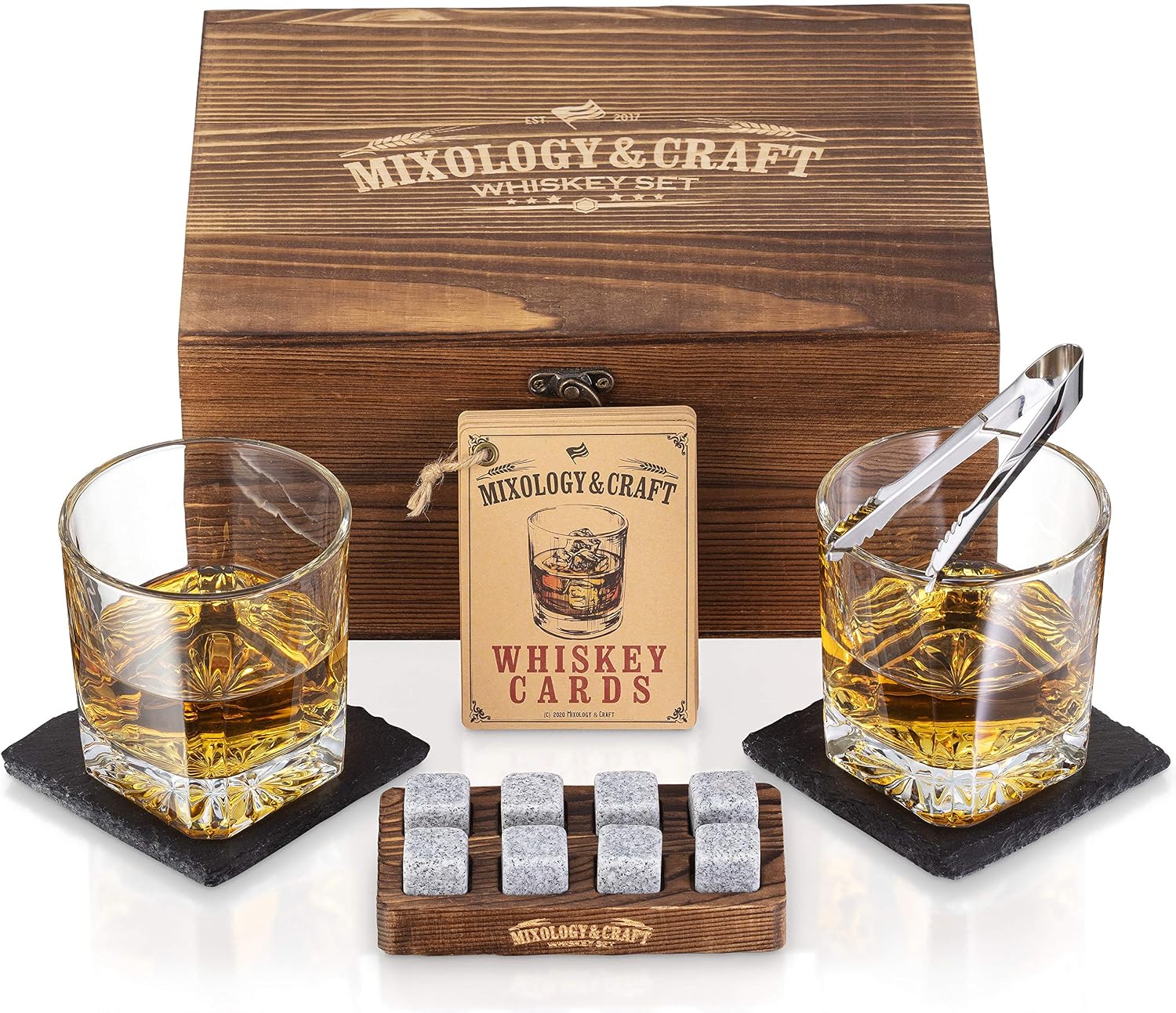Mixology & Craft Whiskey Stones Gift Set – Includes Two 10oz Crystal Whiskey Glasses, 8 Granite Chilling Rocks, Slate Coasters, Metal Tongs, Cocktail Recipe Cards, Elegant Wooden Storage Box
