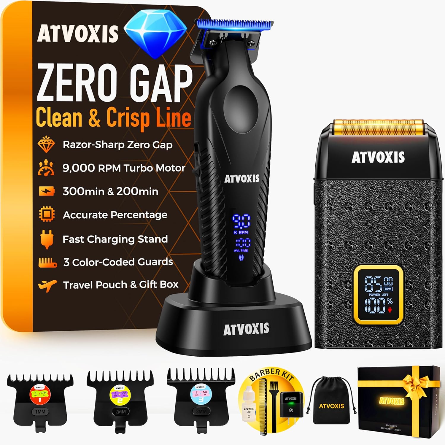 9000 RPM Razor-Sharp Zero Gap T Blade Hair/Beard Trimmer for Men 3-Speed Leather-Wrapped Close Shave Foil Shaver Cordless Travel Pouch USB-C Rechargeable Fast Charging Base Charger Included