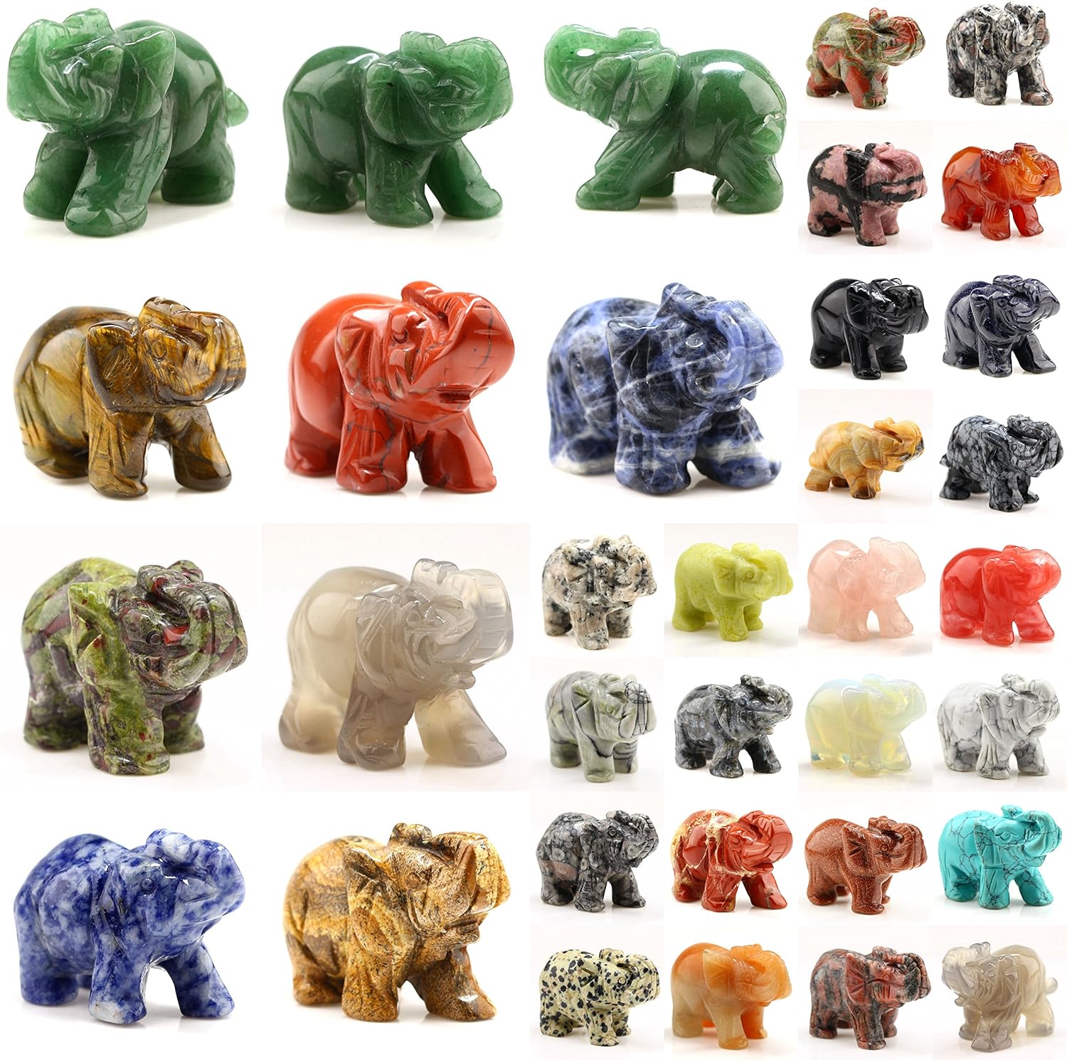 Mix 12pcs Elephant Gemstone Figurines Hand Carved Pocket Statue Healing Crystals Good Luck for Home Decor 1.5 inches