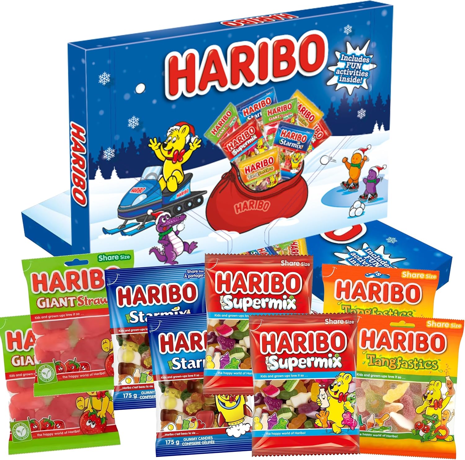 Haribo Christmas Candy Gift, Holiday Gummy Candy for Kids, Selection Box with Fun Activities, Includes Starmix, Super Mix and More For Stocking Stuffers