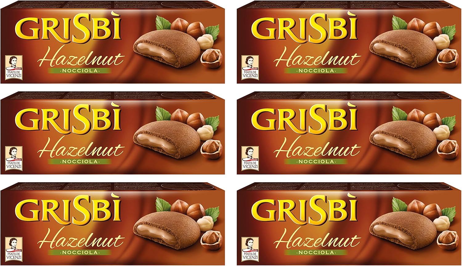 Vicenzi: "Grisbi Hazelnut" Italian Shortcrust Biscuits filled with Hazelnut Cream * 5.3 Ounces (150g) Package (Pack of 6) * [ Italian Import ]