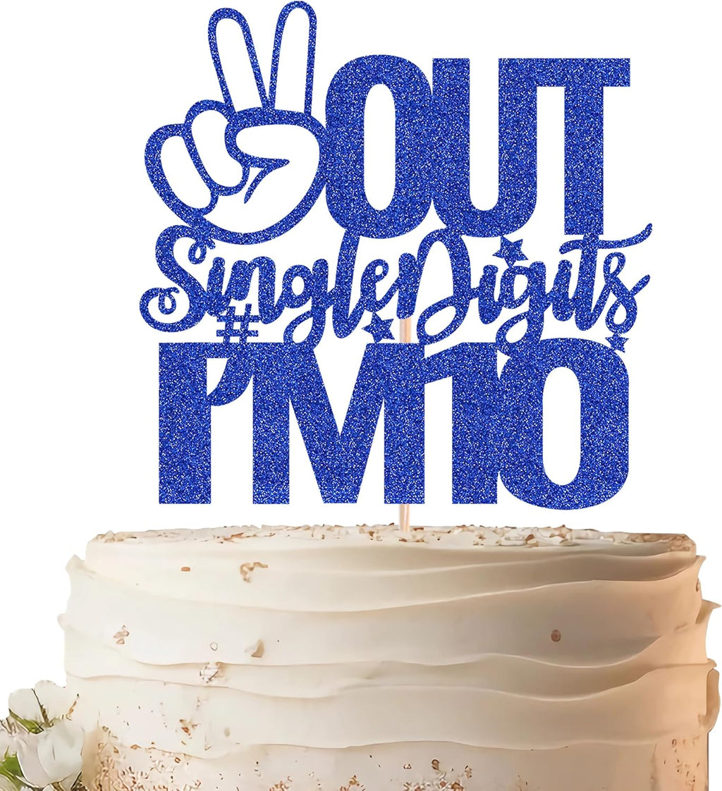 Out Single Digits I'm 10 Cake Topper - Royal Blue Glitter 10th Birthday Cake Decoration Supplies for Boys and Girls - Double Digits 10 Cake Decor for 10th Birthday Party Supplies Photo Booth Props