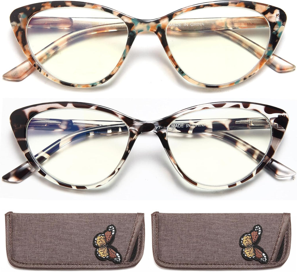 EYEURL Cat Eye Reading Glasses for Women -2 Pack of Blue Light Blocking Readers Spring Hinge Computer Eyeglass with Tortoise/Champagne Pattern Design Readers for women +1.50