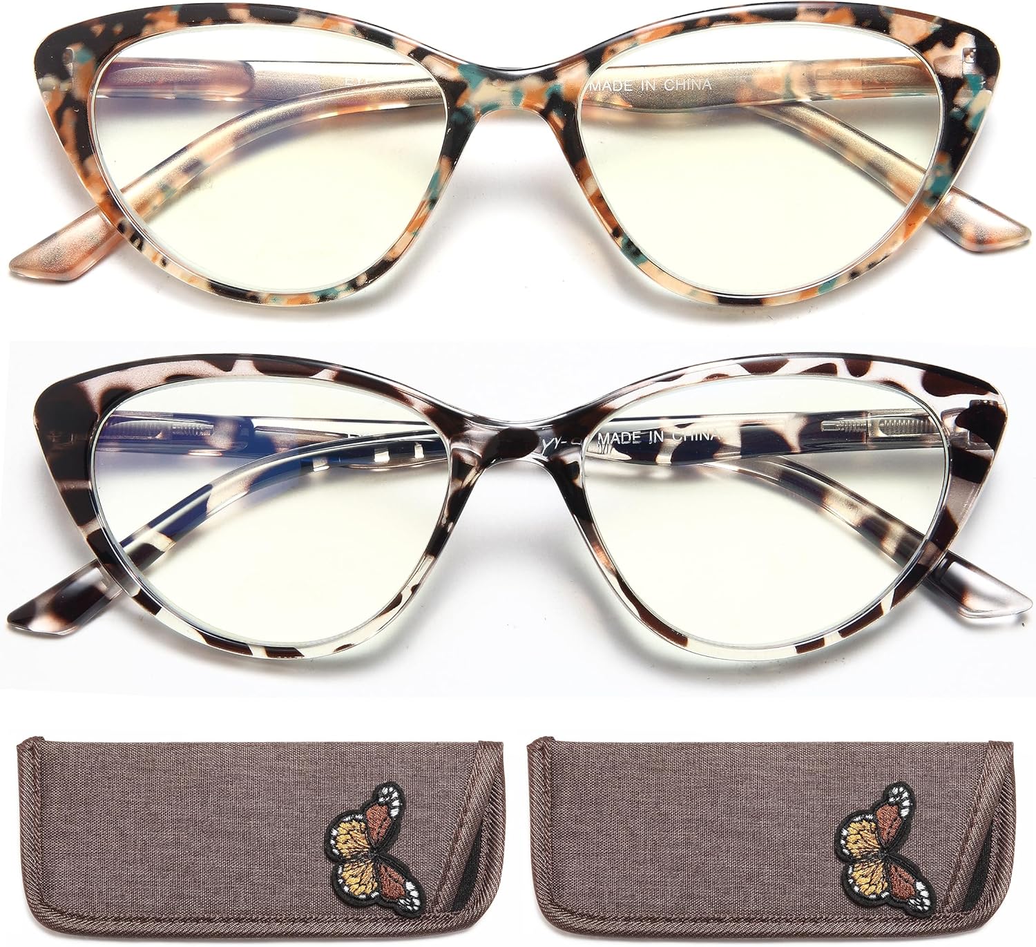 EYEURL Cat Eye Reading Glasses for Women -2 Pack of Blue Light Blocking Readers Spring Hinge Computer Eyeglass with Tortoise/Champagne Pattern Design Readers for women +1.50