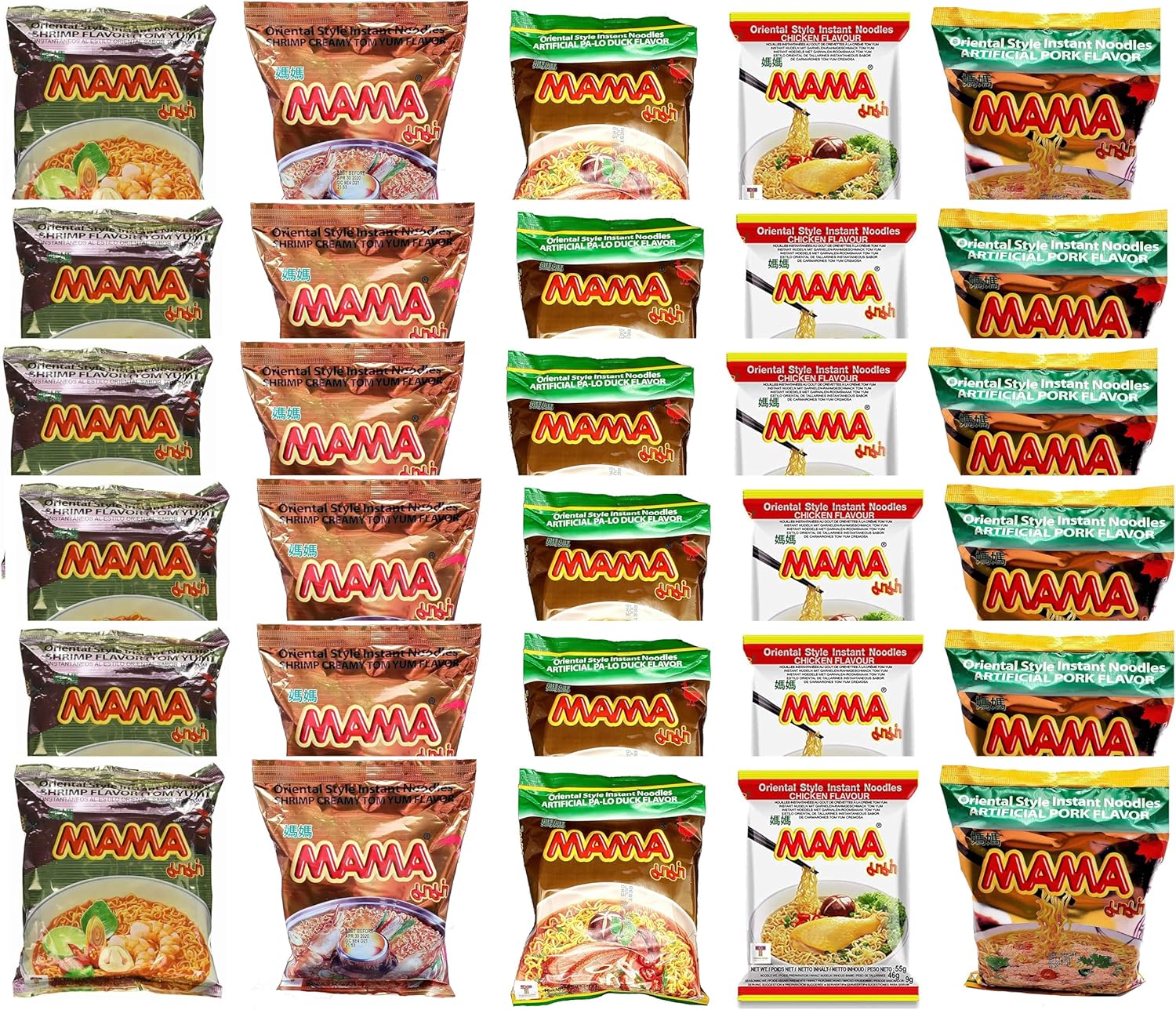 Mama Oriental Style instant noodles Mix Flavor Bundle Package Total 30 Packs (5 Flavor Mix shrimp Tom Yum Flavor, shrimp creamy Tom Yum, Artificial PA-lo Duck, Artificial Chicken, Artificial Pork) 5 flavors 6bag each