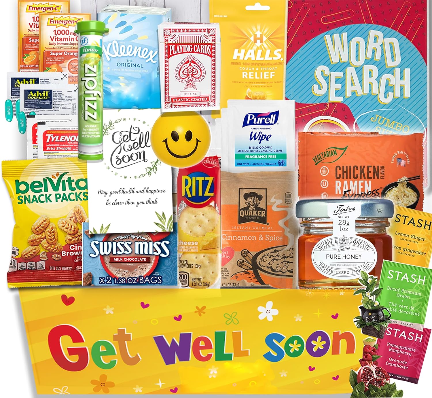 Flu Get Well Gift Basket Care Package – Snacks, Vitamin C, Medicine, Greeting Card, Wipes & Fun Activities – Comfort Gift Set with Tea, Stress Relief Colds, Flu, Allergies for adult & Teenage