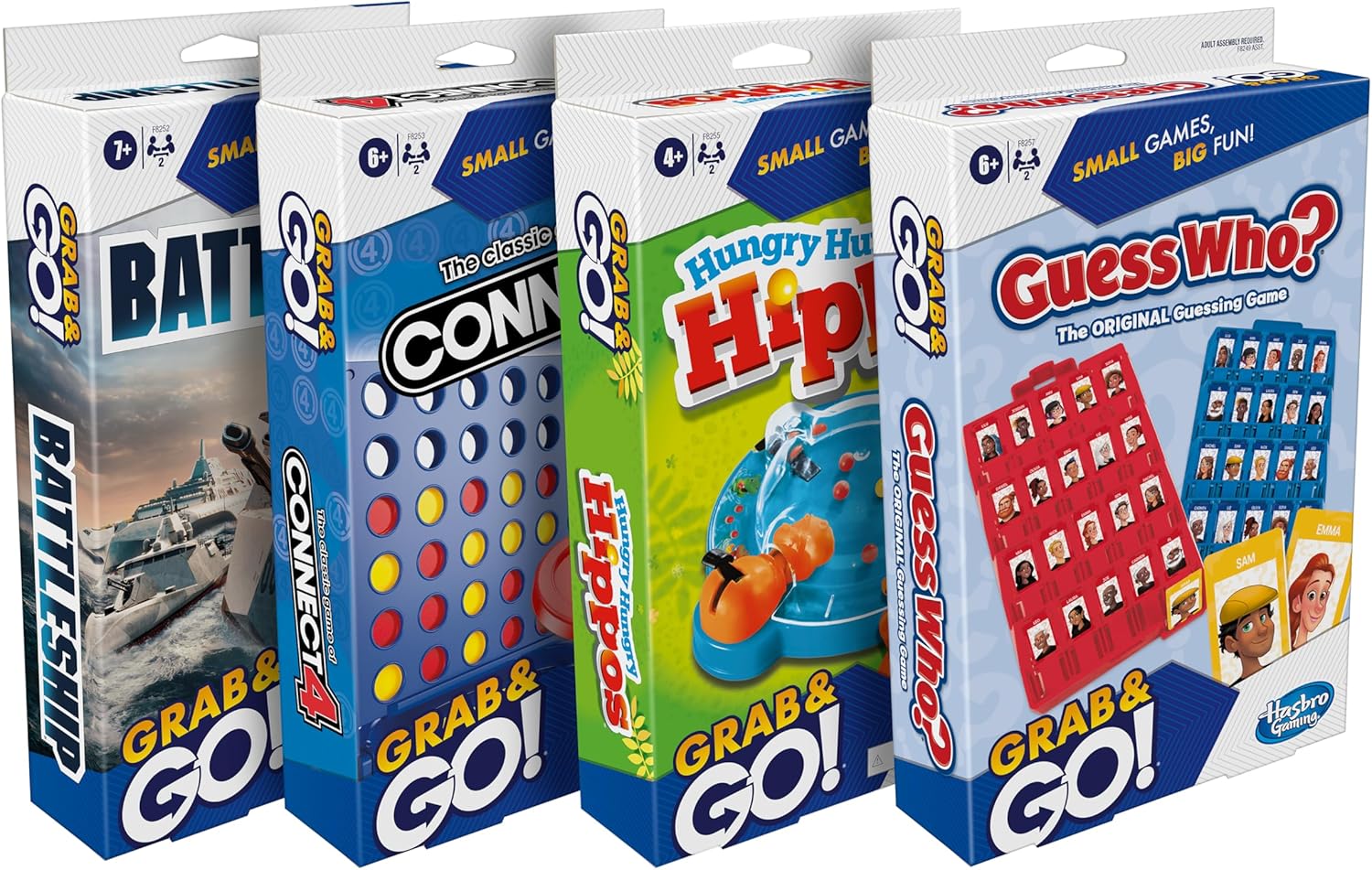Hasbro Grab and Go! Bundle (4 Pack), Kids Travel Board Games, Battleship, Connect 4, Guess Who?, Hungry Hungry Hippos Games, 2 Players, Easter Gift for Kids, Ages 7+