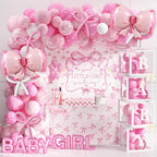 143PCS Pink Baby Shower Decorations for Girl, Welcome Baby Girl Party Decorations, Coquette Pink Bow Theme Backdrop Balloon Baby Boxes Banner for Girl Birthday Baby Shower Decor