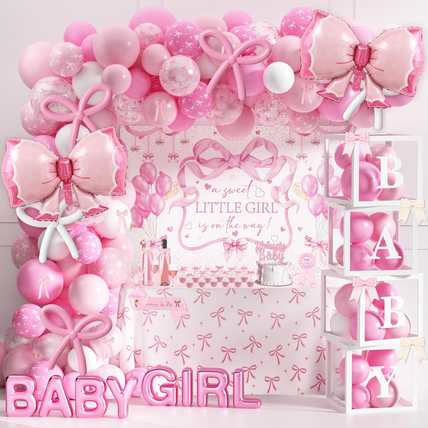 143PCS Pink Baby Shower Decorations for Girl, Welcome Baby Girl Party Decorations, Coquette Pink Bow Theme Backdrop Balloon Baby Boxes Banner for Girl Birthday Baby Shower Decor