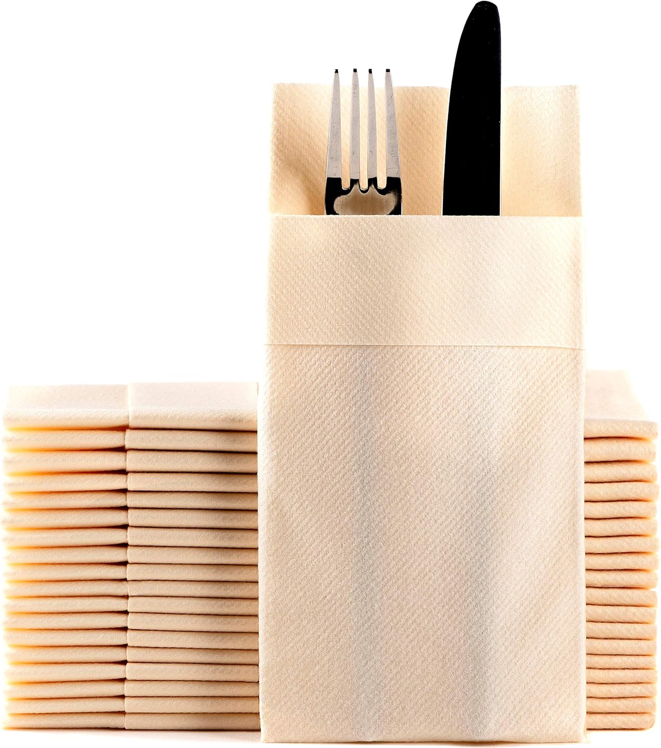 Ivory Dinner Napkins Cloth Like with Built-in Flatware Pocket, Linen-Feel Absorbent Disposable Paper Hand Napkins for Kitchen, Bathroom, Parties, Weddings, Dinners or Events, 16x16 inches, Pack of 50