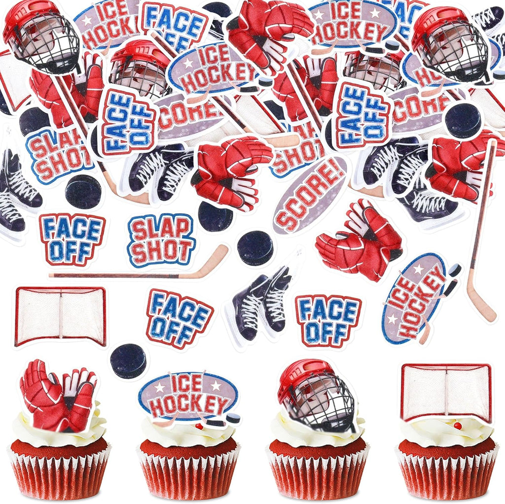 50PCS Edible Ice hockey Party Cupcake Toppers, Winter Sports Cake Decorations with Ice hockey & Snowflake Designs for Baby Shower, Birthday Party