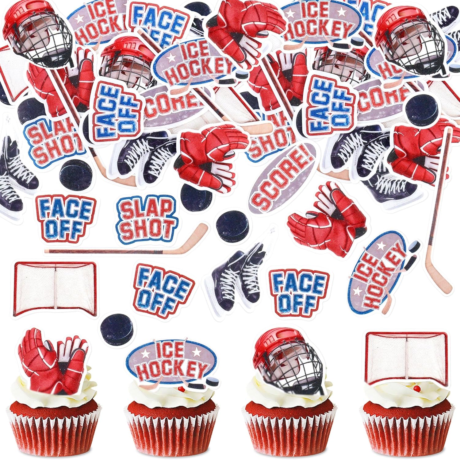 50PCS Edible Ice hockey Party Cupcake Toppers, Winter Sports Cake Decorations with Ice hockey & Snowflake Designs for Baby Shower, Birthday Party