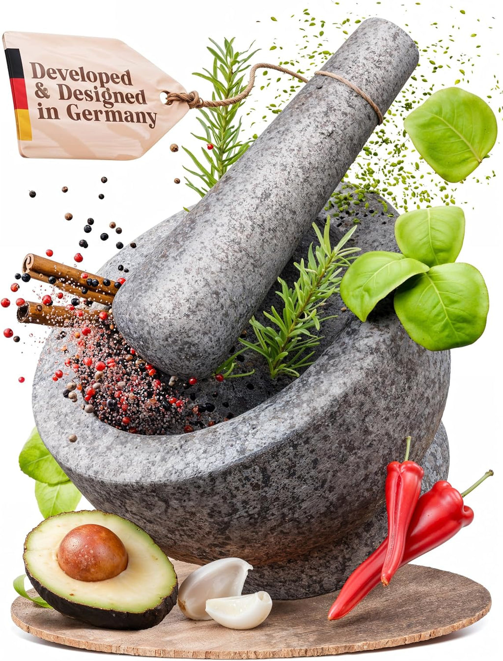 ChefSofi Mortar and Pestle Set - 6 Inch - 2 Cup Capacity - Unpolished Heavy Granite for Enhanced Performance and Organic Appearance - Included: Anti-Scratch Protector