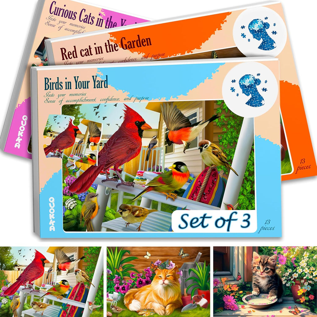 QUOKKA 13 Piece Dementia Activities for Adults - 3 Set Dementia Puzzles for Elderly - Large Piece Gifts Products for Seniors - Alzheimers Jigsaw Puzzle Games for Adults with Birds and Cats