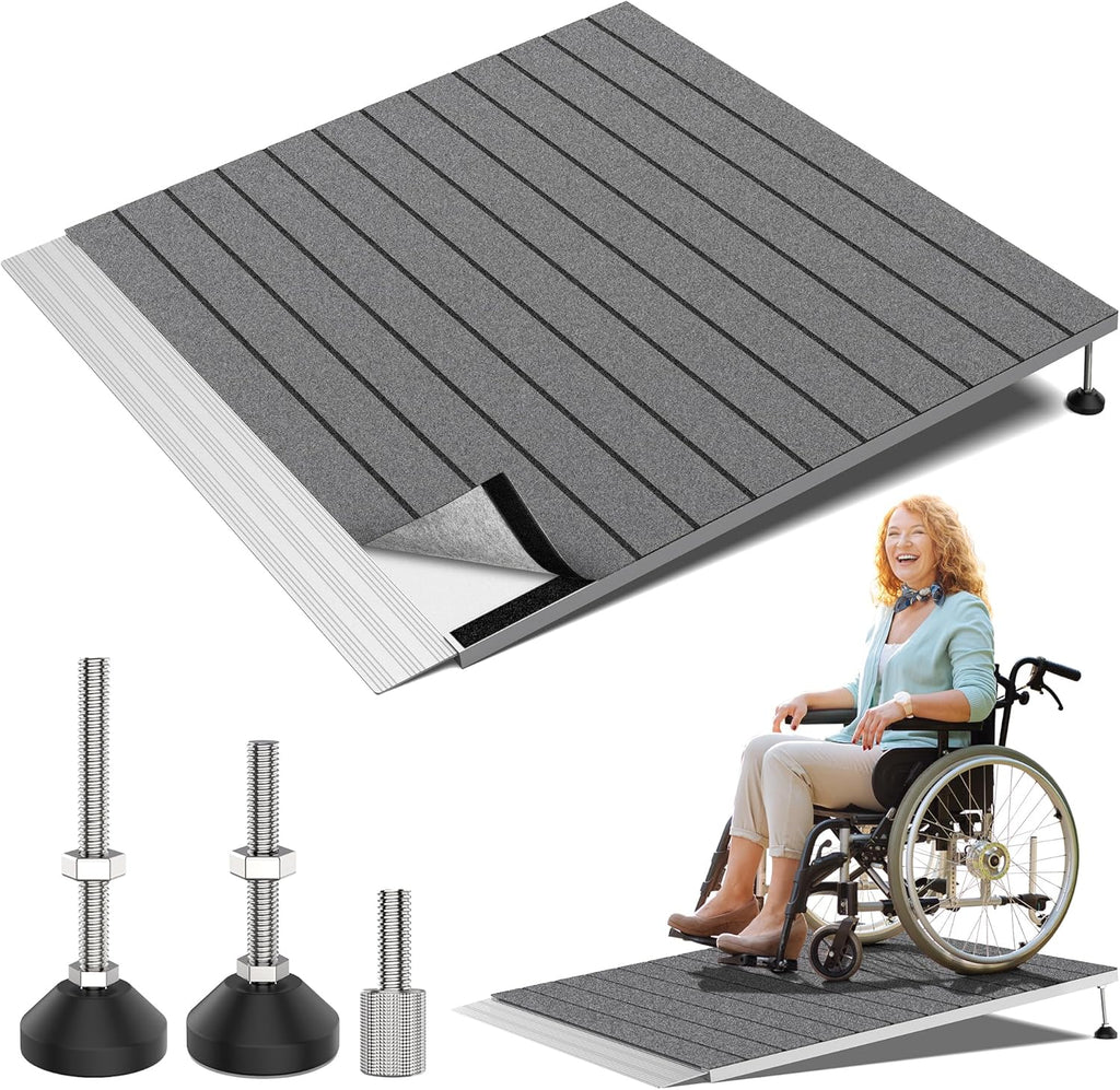Threshold Ramps for Wheelchairs, Adjustable Height 3.3"-6.6" and 36"×36" Platform Aluminum Wheelchair Ramp, Door Threshold Ramps with a Non-Slip Thick Door Mat for Scooters, Power Chairs, Cart