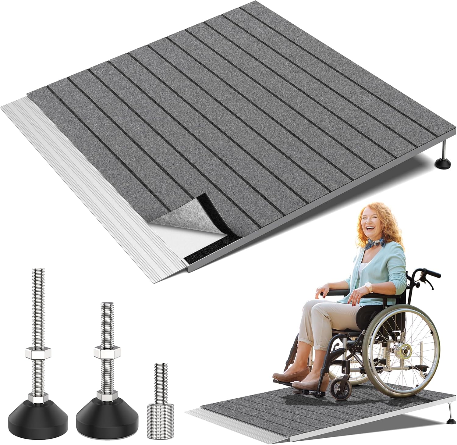Threshold Ramps for Wheelchairs, Adjustable Height 3.3"-6.6" and 36"×36" Platform Aluminum Wheelchair Ramp, Door Threshold Ramps with a Non-Slip Thick Door Mat for Scooters, Power Chairs, Cart
