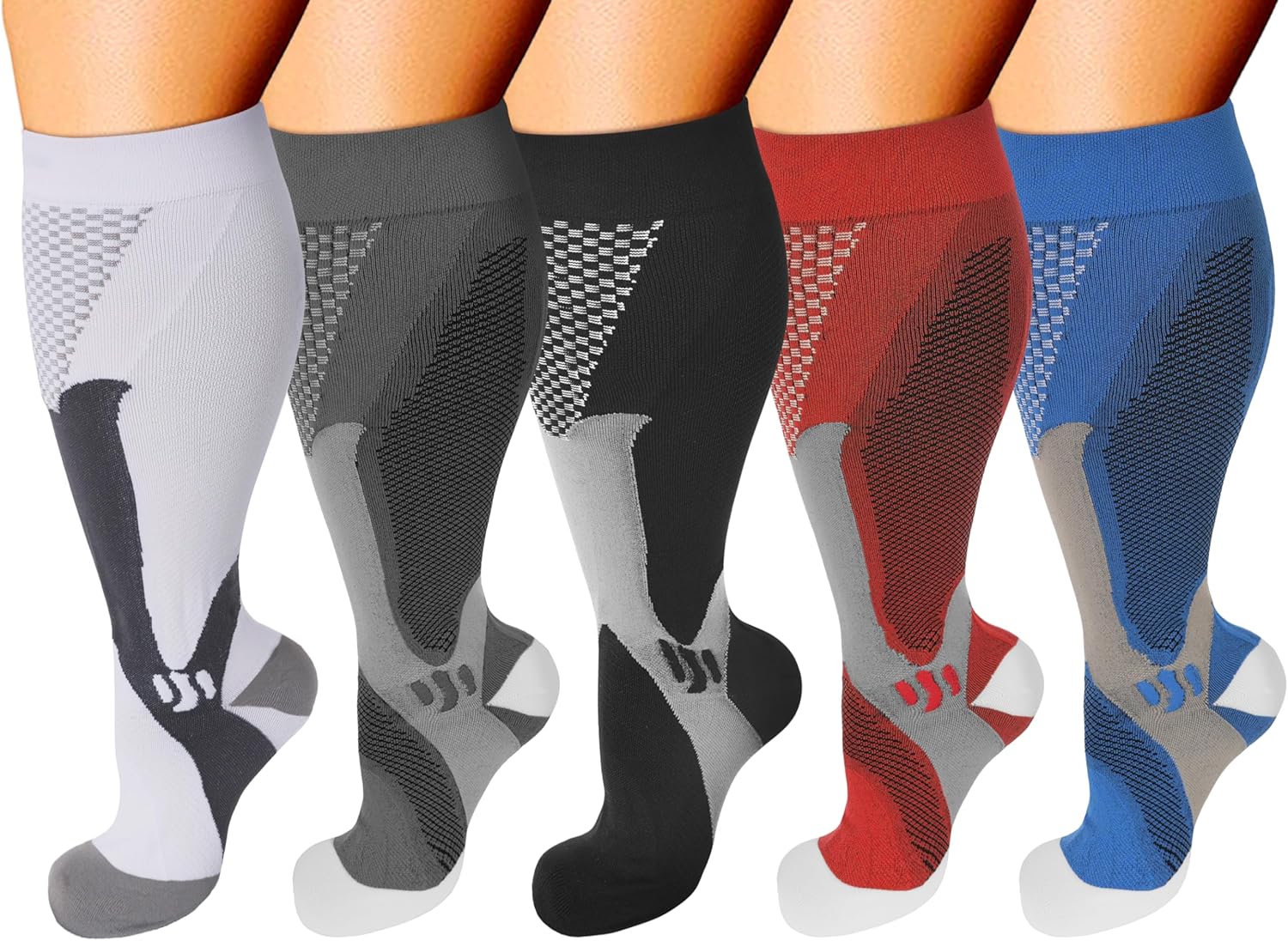 Double Couple 5 Pairs Wide Calf Compression Socks for Men Women Extra Plus Size Knee High Support