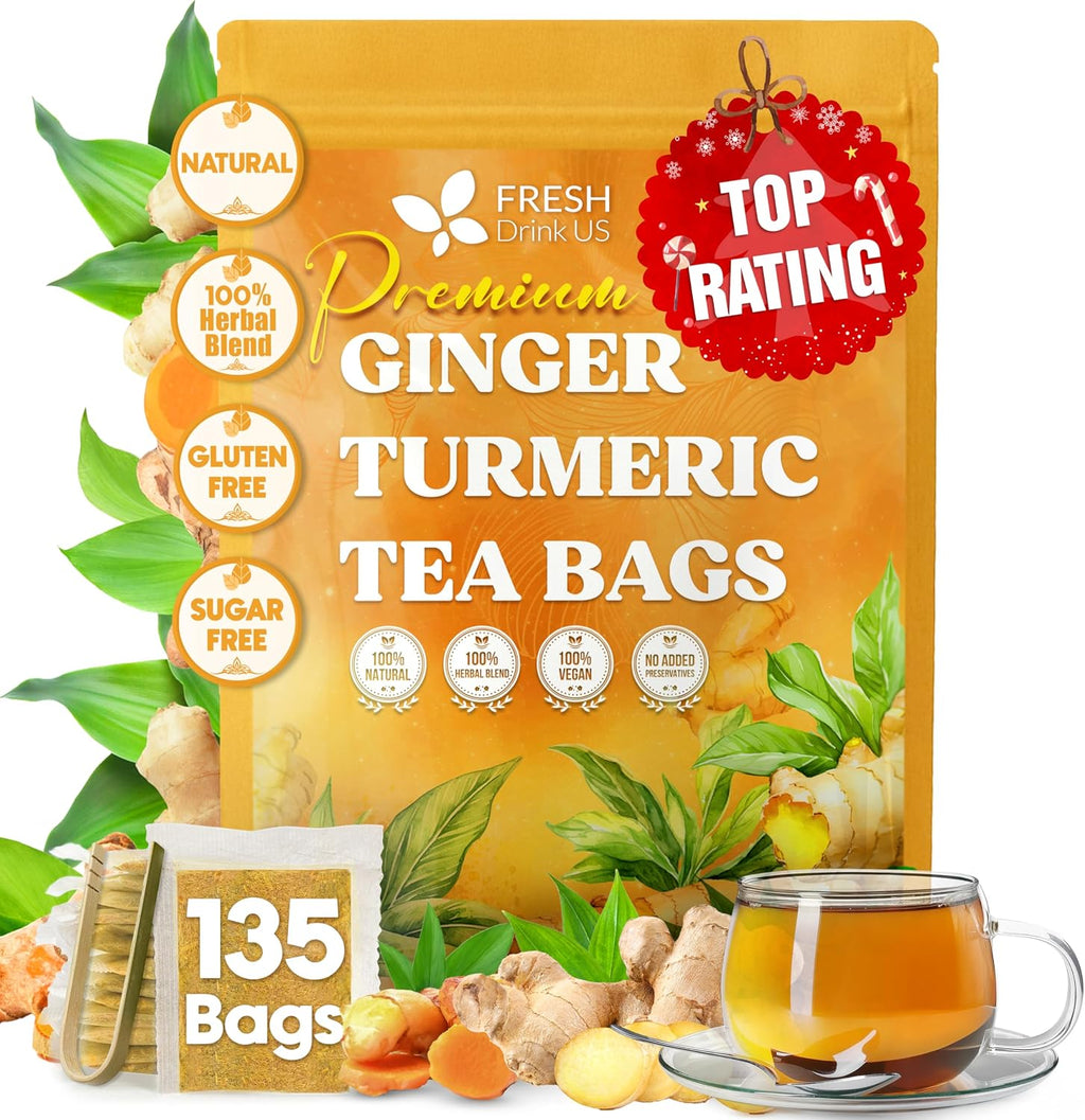 FreshDrinkUS, Premium 135 Ginger Turmeric Tea Bags, 100% Natural Ingredients, Hand-made Blend of Ginger and Turmeric Herbal Tea, Eco-conscious Tea Bags. No Sugar, No Caffeine, No Gluten, Vegan.