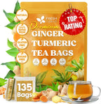 FreshDrinkUS, Premium 135 Ginger Turmeric Tea Bags, 100% Natural Ingredients, Hand-made Blend of Ginger and Turmeric Herbal Tea, Eco-conscious Tea Bags. No Sugar, No Caffeine, No Gluten, Vegan.