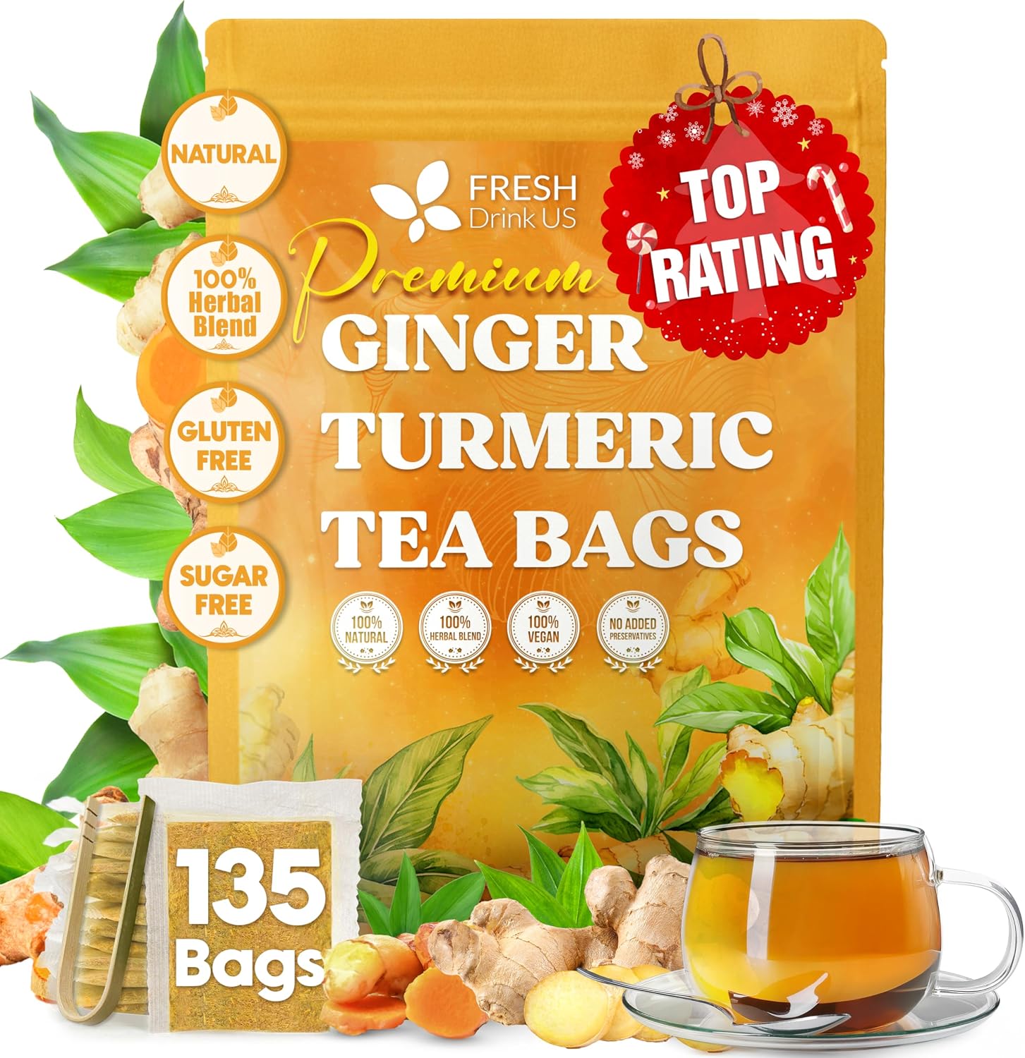 FreshDrinkUS, Premium 135 Ginger Turmeric Tea Bags, 100% Natural Ingredients, Hand-made Blend of Ginger and Turmeric Herbal Tea, Eco-conscious Tea Bags. No Sugar, No Caffeine, No Gluten, Vegan.