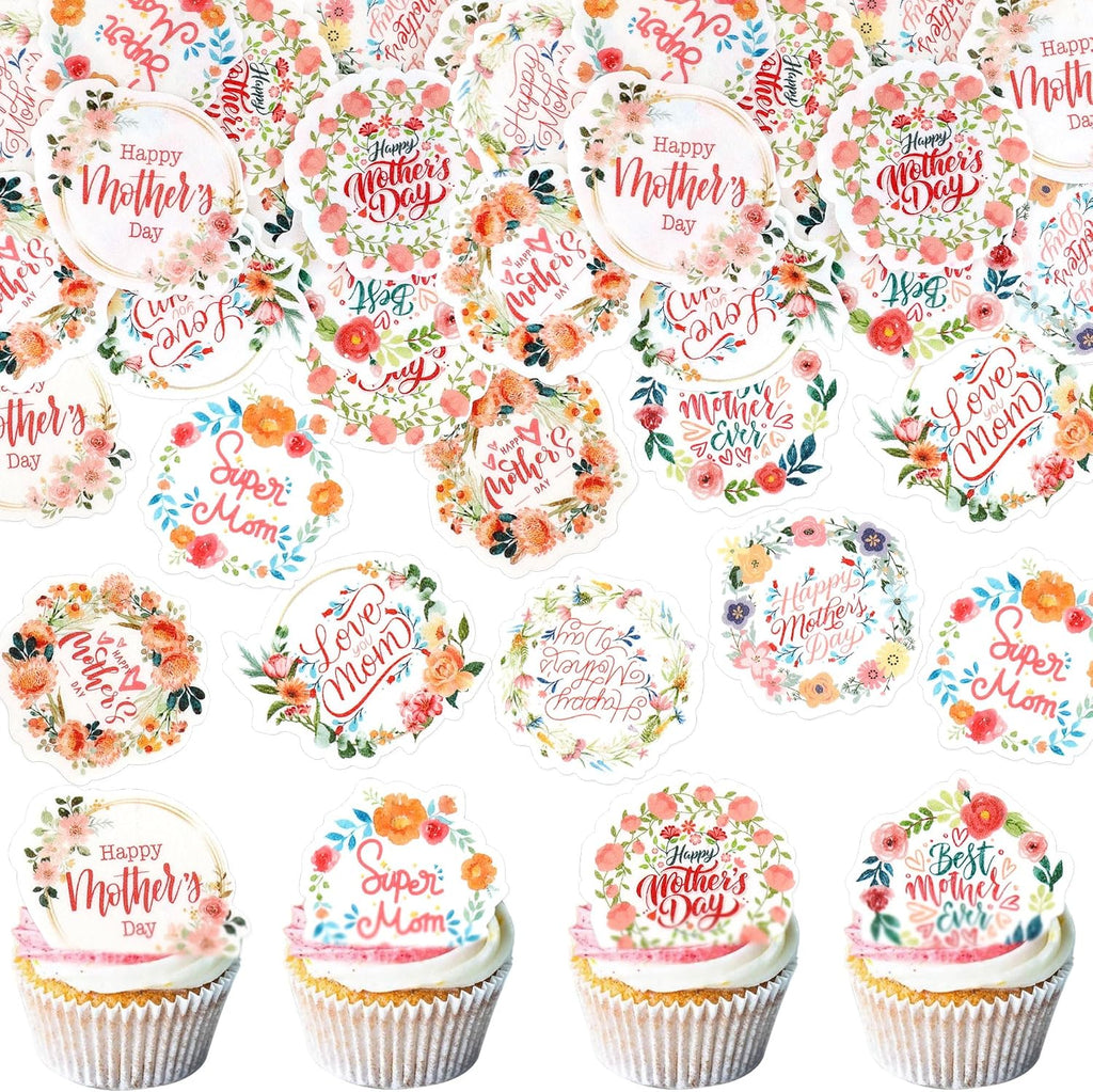 56 Pcs Edible Cupcake Toppers with Floral Decorations for Mother's Day, Mom's Birthday, and Best Mom Ever Celebrations (Mother's Day Round)