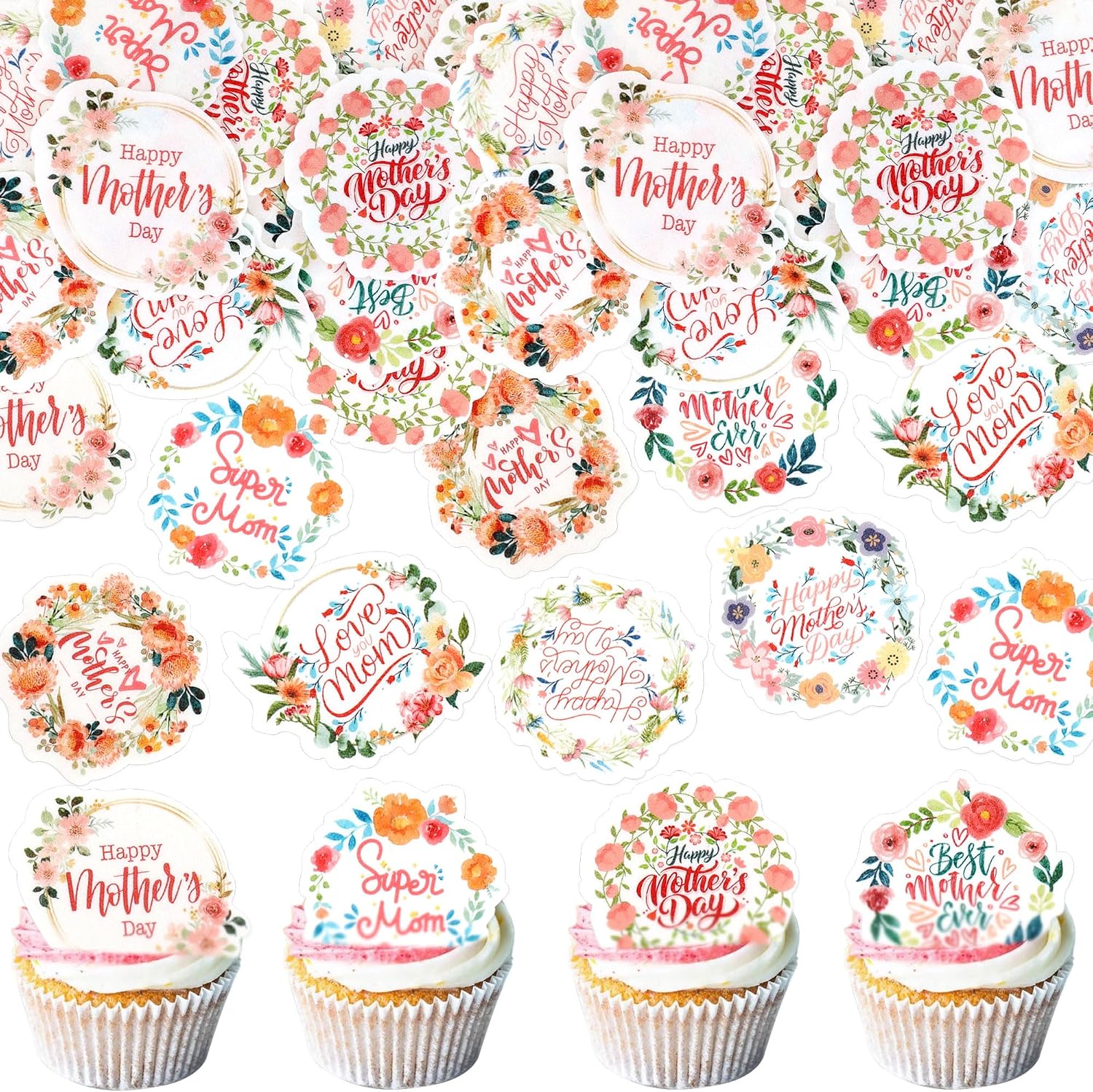 56 Pcs Edible Cupcake Toppers with Floral Decorations for Mother's Day, Mom's Birthday, and Best Mom Ever Celebrations (Mother's Day Round)
