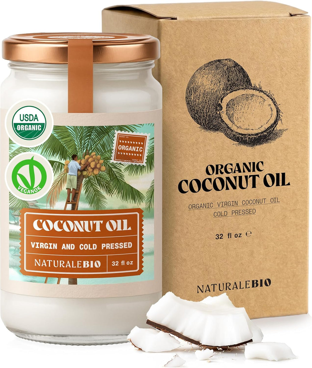 NaturaleBio Organic Virgin Coconut Oil 32 fl oz Raw Cold Pressed for Skin, Hair, Moisturizer, Massage, Body, Hand, Cream, Vegan Butter Alternative, Ideal Lotion, Perfect Care