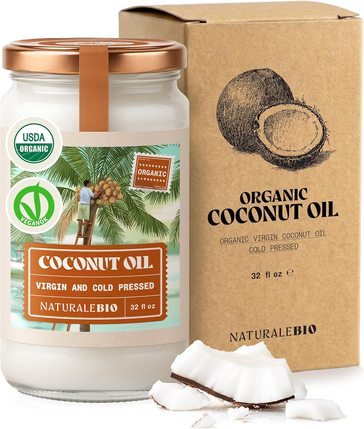 NaturaleBio Organic Virgin Coconut Oil 32 fl oz Raw Cold Pressed for Skin, Hair, Moisturizer, Massage, Body, Hand, Cream, Vegan Butter Alternative, Ideal Lotion, Perfect Care