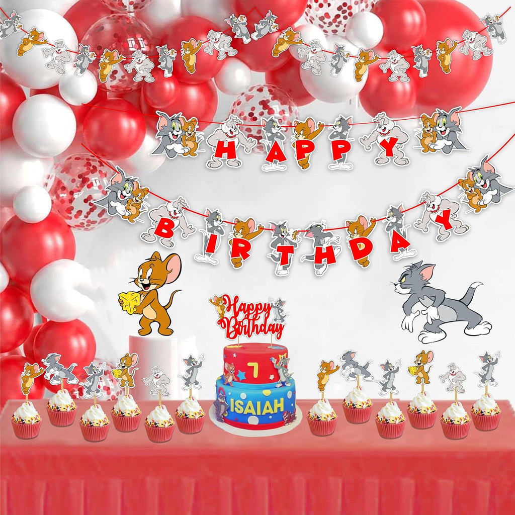 "Tom & Jery Theme Birthday Party Supplies – Cartoon Character – Complete Birthday Decoration Set with Banner, Cake Topper, Cupcake Toppers and Party Accessories for Boys & Girls"