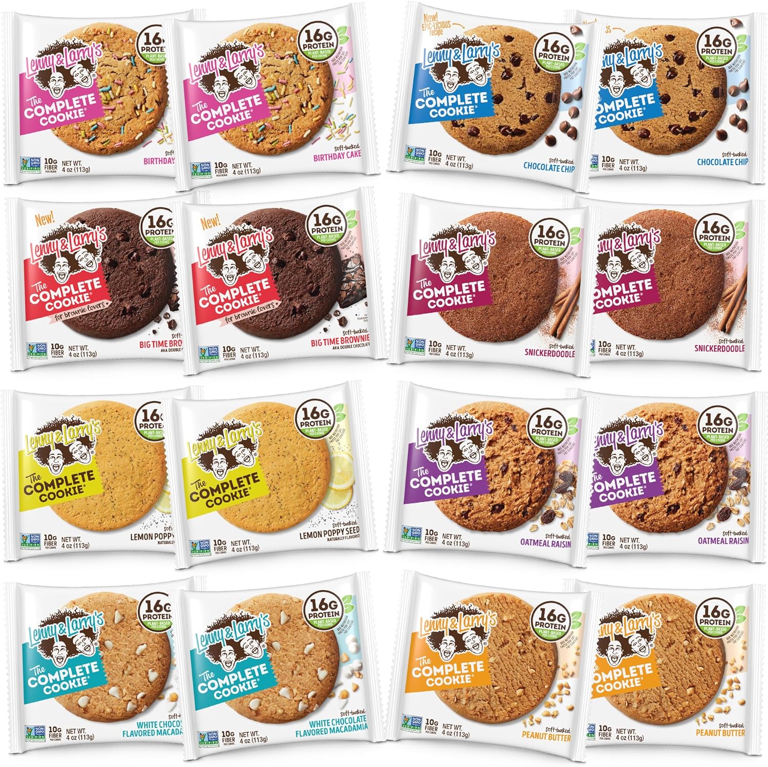 Lenny & Larry's Complete Protein Cookie, [8 Flavor Variety], Chewy Soft Baked, 16g Plant Protein, Vegan, Non-GMO, High Fiber, 4 Ounce Cookie (Pack of 16)