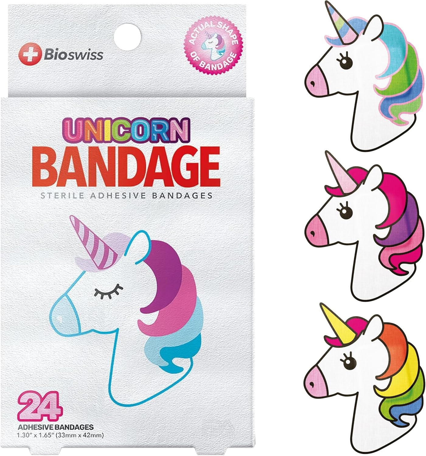 BioSwiss Bandages, Unicorn Shaped Self Adhesive Bandage Set, Latex Free, Sterile Wound Care, 24 Count