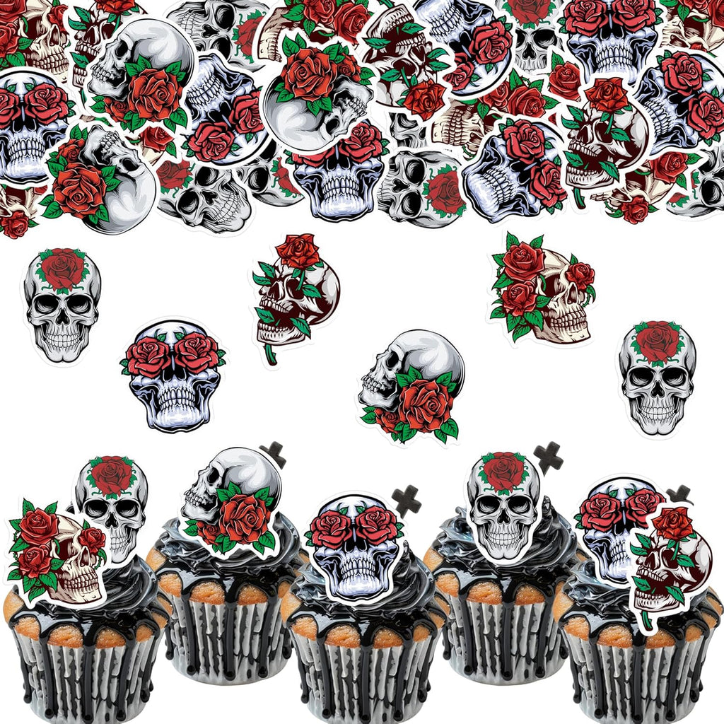 45PCS Edible Skull Cupcake Toppers Wafer Paper Halloween Skull Cupcake Toppers Roses Skull Cupcake Picks for Halloween Eve Theme Party Birthday Baby Shower Decor Supplies