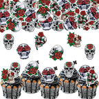 45PCS Edible Skull Cupcake Toppers Wafer Paper Halloween Skull Cupcake Toppers Roses Skull Cupcake Picks for Halloween Eve Theme Party Birthday Baby Shower Decor Supplies