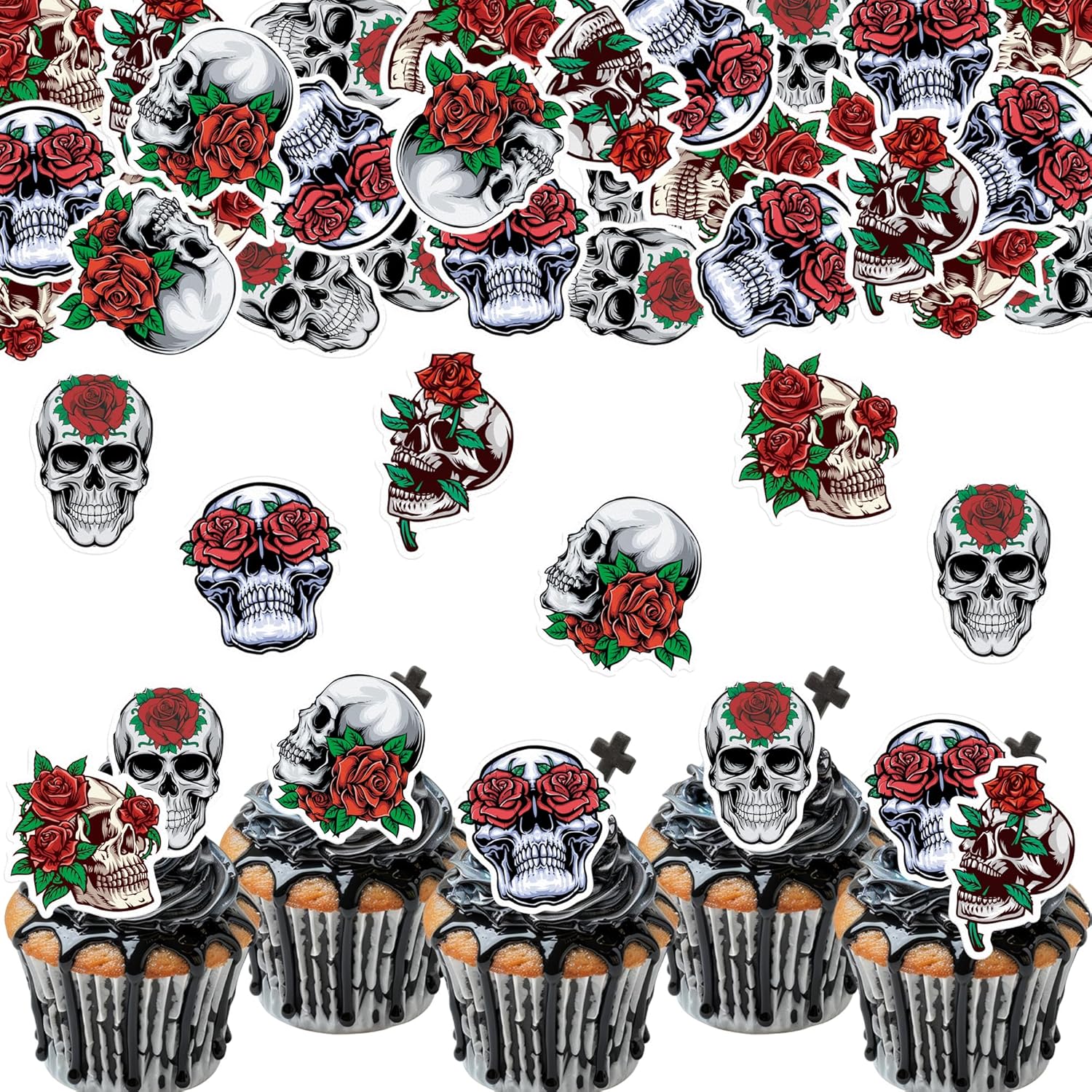 45PCS Edible Skull Cupcake Toppers Wafer Paper Halloween Skull Cupcake Toppers Roses Skull Cupcake Picks for Halloween Eve Theme Party Birthday Baby Shower Decor Supplies