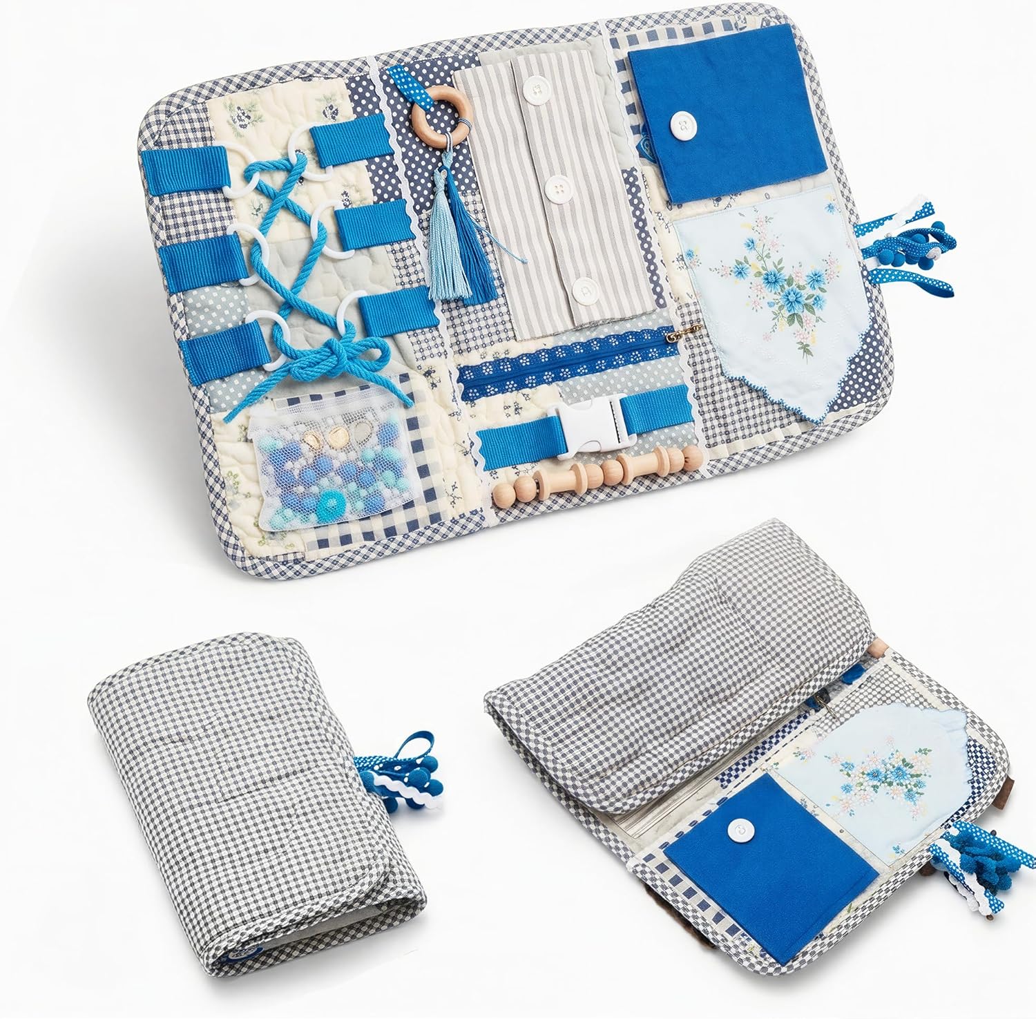 Fidget Blanket for Adults with Dementia w/Ten Dementia Gadgets & Activities, Best Gifts for Dementia Patients, 20 X 12 in, Blue Busy Blanket for Dementia Patients, Dementia Activities for Seniors