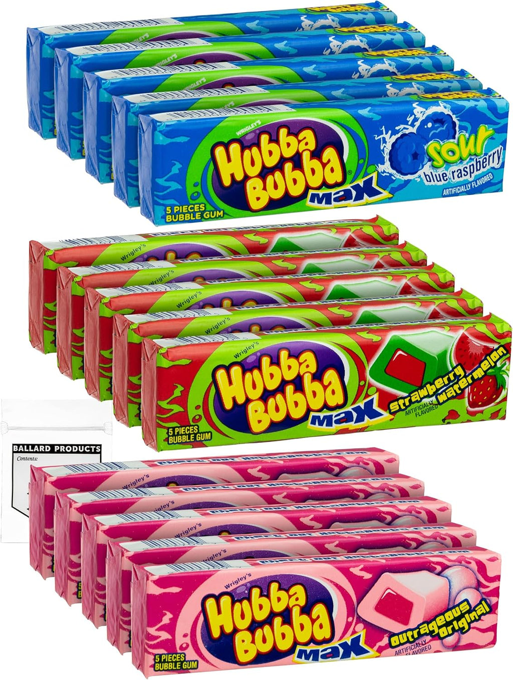 Hubba Bubba Bubble Gum Variety Pack of 15 - Original, Blue Raspberry, Strawberry - 3 Flavors of Hubba Bubba Gum - Gum with Liquid Center - Bundle with Ballard Products Pocket Bag