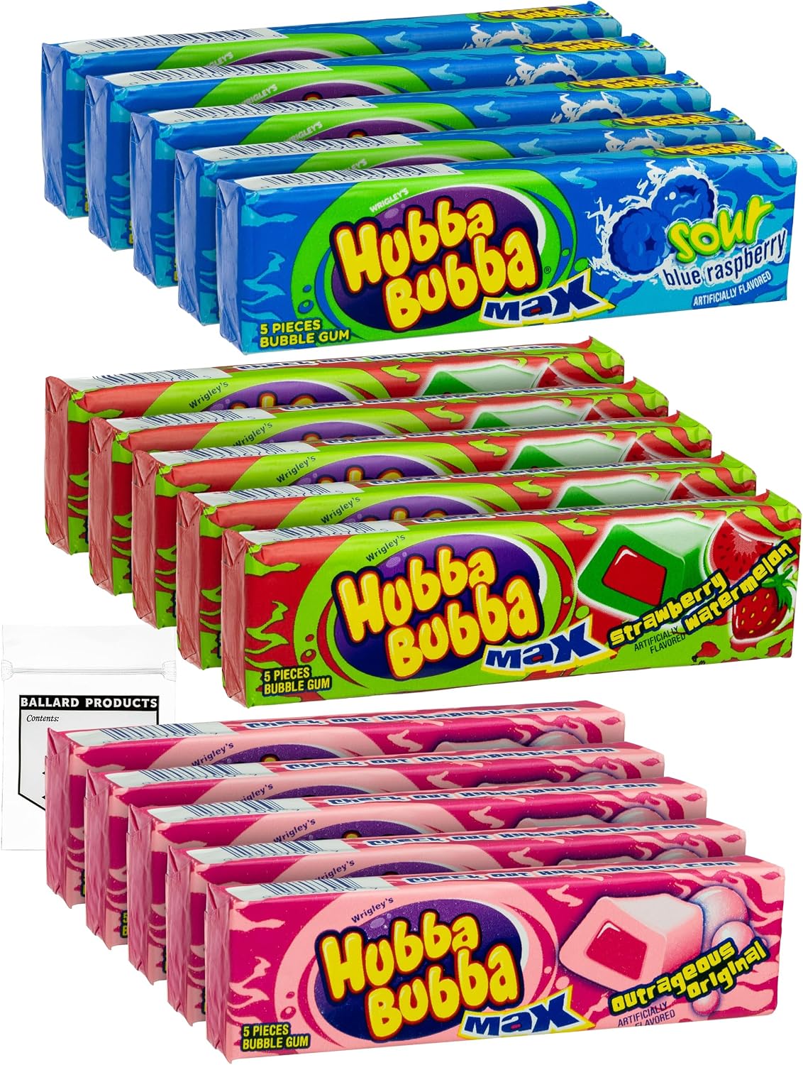 Hubba Bubba Bubble Gum Variety Pack of 15 - Original, Blue Raspberry, Strawberry - 3 Flavors of Hubba Bubba Gum - Gum with Liquid Center - Bundle with Ballard Products Pocket Bag