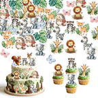 60Pcs Edible Jungle Safari Animal Cupcake Toppers Wafer Paper Green Leaf Woodland Animal Cupcake Kids Baby Shower Birthday Party Decoration Supplies