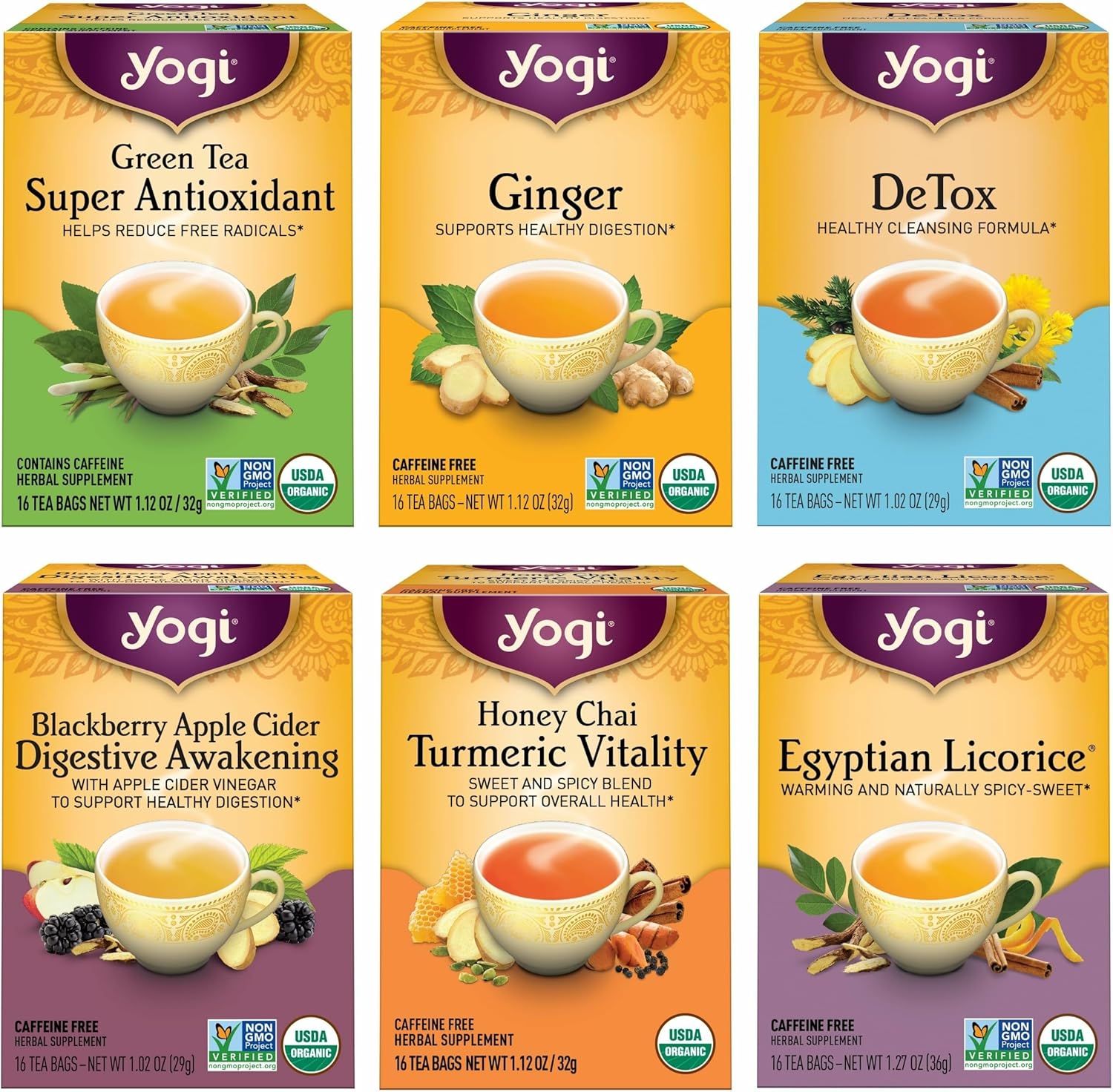 Yogi Digestion & DeTox Sampler Pack (6 Pack) - Wellness Support - Herbal & Green Tea - 96 Tea Bags