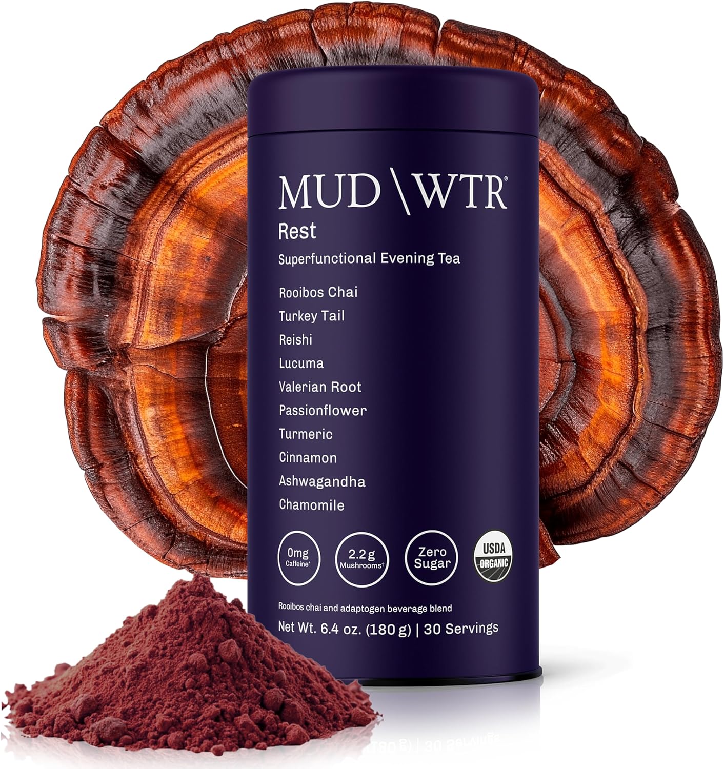 MUD\WTR Rest Evening Mushroom Blend Powder | 2,240mg Adaptogenic Mushroom Tea | Sleep Support, Wind Down & Relaxation Tea | USDA Organic & Vegan | Turkey Tail, Reishi, Ashwagandha | 30 Servings