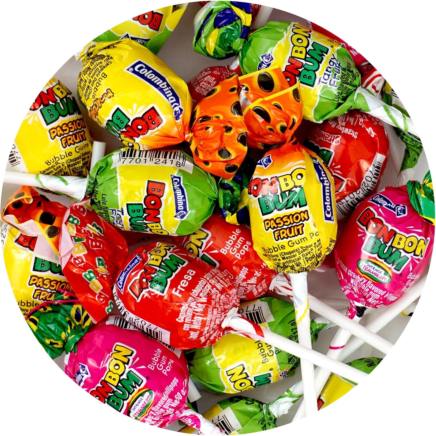 Bon Bon Bum Assorted Flavors Candy Lollipops, 1 Pound Bulk Candy (Approx. 22 pcs.), Individually Wrapped Lollipops with Bubble Gum Center, The Hampton Popcorn & Candy Company