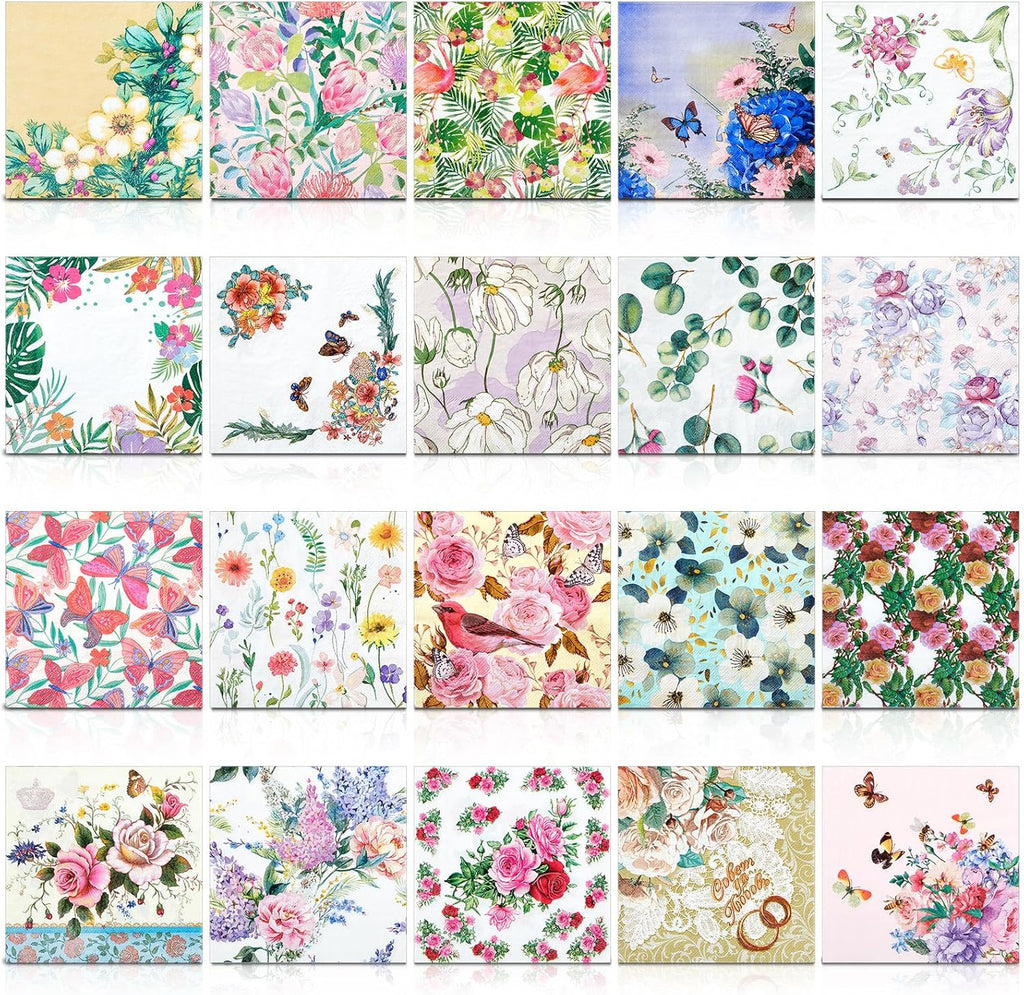 Crtiin 20 Pack Decoupage Napkins Floral Napkins Flower Cocktail Paper Decorative Toilet for Valentine's Day Birthday Party Beautiful Gorgeous, 20 Styles Each 6.5 Inches(Style 1)