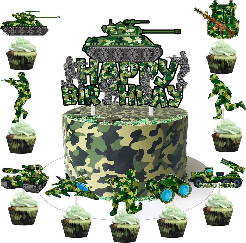 Camoufalge Birthday Party Cake Topper Camo Cupcake Toppers Camo Gree Happy Birthday Cake Decoration for Army Soldier Military Theme Baby Shower Supplies