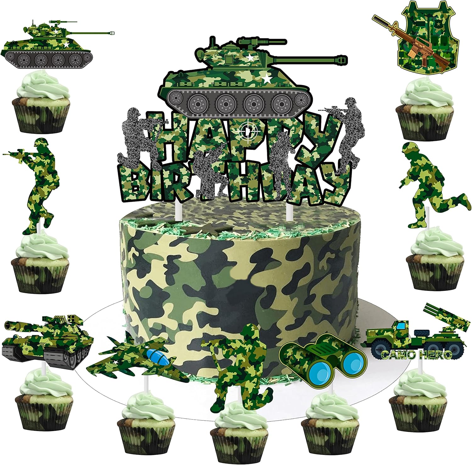 Camoufalge Birthday Party Cake Topper Camo Cupcake Toppers Camo Gree Happy Birthday Cake Decoration for Army Soldier Military Theme Baby Shower Supplies