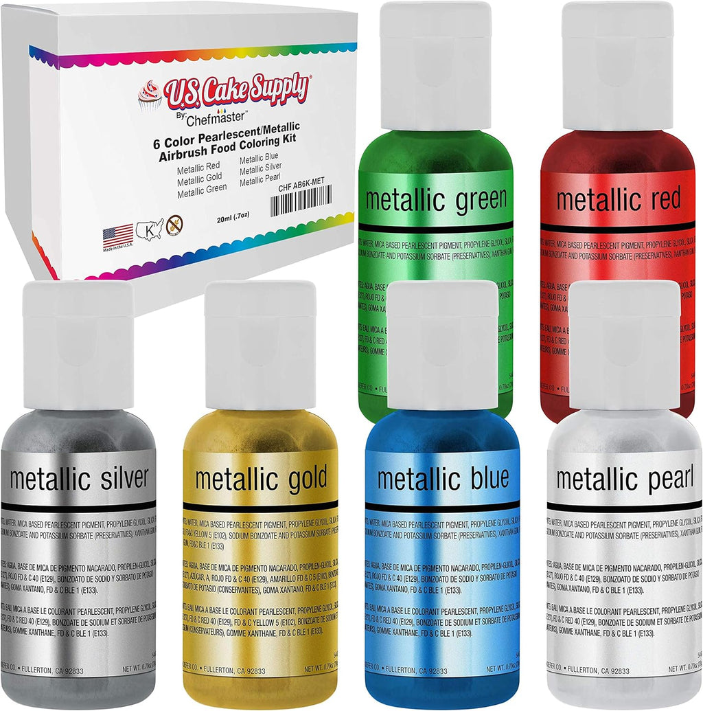 U.S. Cake Supply Airbrush Cake Pearlescent Shimmer Metallic Color Set - The 6 Most Popular Metallic Colors in 0.64 fl. oz. (19ml) Bottles - Safely Made in the USA product