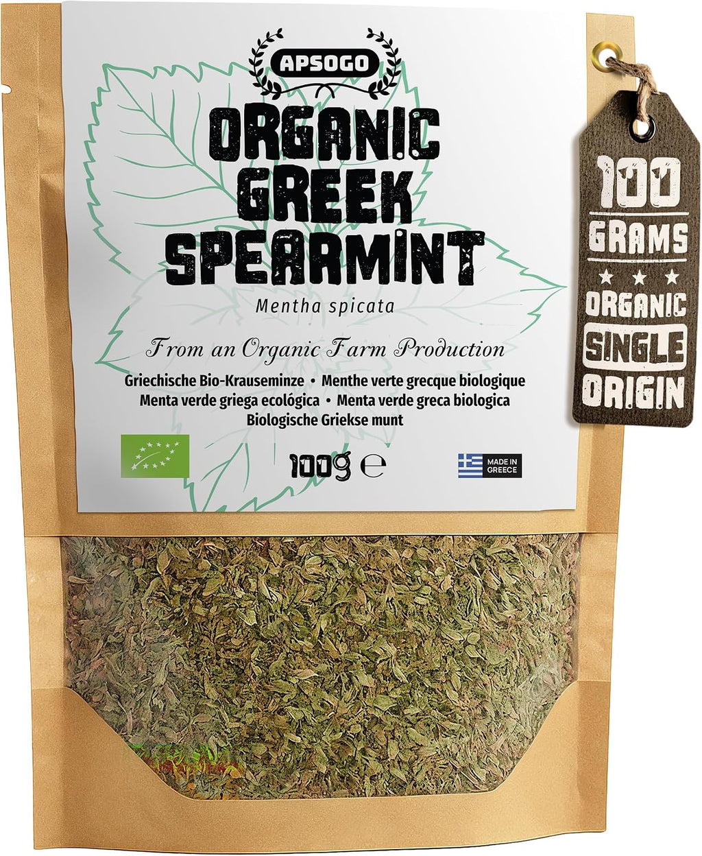 Apsogo Organic Greek Spearmint - Dried Spearmint Leaves for Spearmint Tea Loose Leaf, Herbal Tea & Cooking - Organic Spearmint, Mint Leaves, Naturally Sweet Aroma, Caffeine-Free Mentha Spicata - Resealable Pouch, 3.52 oz
