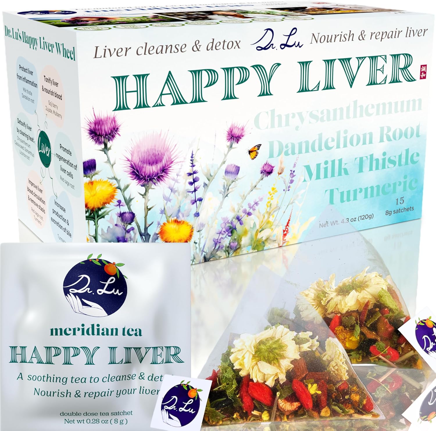Dr. Lu’s Happy Liver Tea | 100% Natural Liver Cleanse Detox & Repair Tea Made in US | 11-Flavor Milk Thistle, Turmeric, Chrysanthemum, Licorice Root, Dandelion Root tea Blend for Liver Support