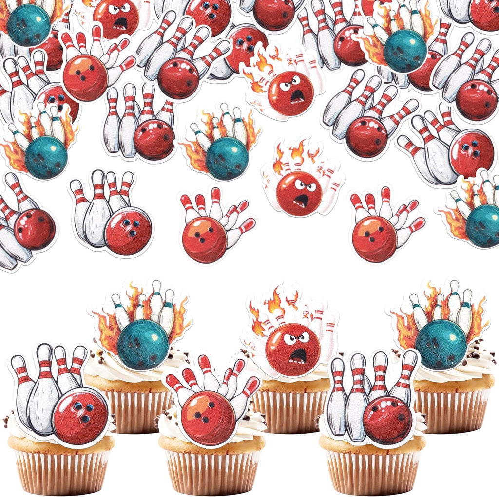 60 PCS Edible Bowling Cupcake Toppers Wafer Paper Sports Ball Cupcake Picks Edible Bowling Cupcake Decorations for Sports Theme Baby Shower Kids Birthday Party Cake Decorations Supplies
