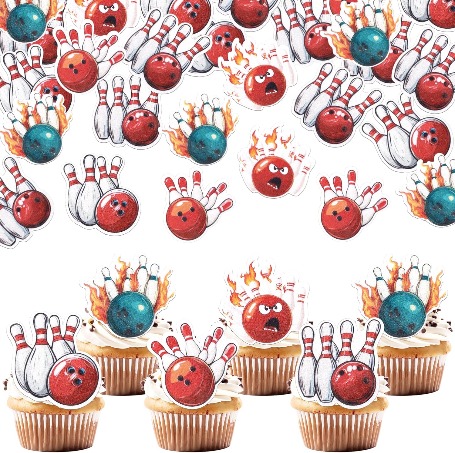 60 PCS Edible Bowling Cupcake Toppers Wafer Paper Sports Ball Cupcake Picks Edible Bowling Cupcake Decorations for Sports Theme Baby Shower Kids Birthday Party Cake Decorations Supplies