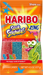 HARIBO Gummi Candy, Z!NG Sour Streamers Gummy Candy, 4.5 Ounce Share Size Bags (Pack of 12) Delicious Soft & Chewy Snacks, Assorted Fruity Flavors